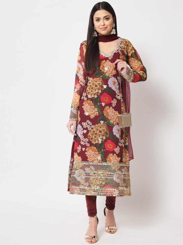 anokherang Combos Wine Floral Printed Embroidered Kurti with Churidaar and Dupatta