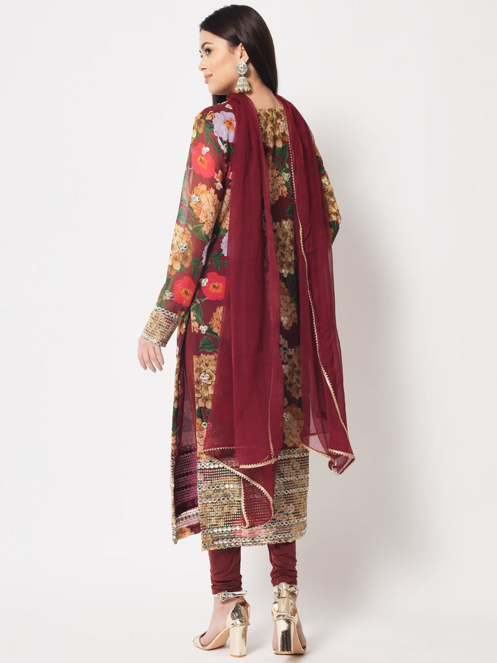 anokherang Combos Wine Floral Printed Embroidered Kurti with Churidaar and Dupatta