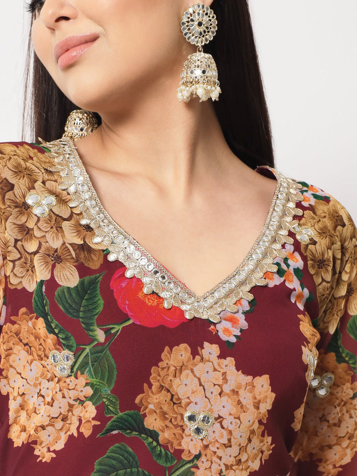 anokherang Combos Wine Floral Printed Embroidered Kurti with Churidaar and Dupatta