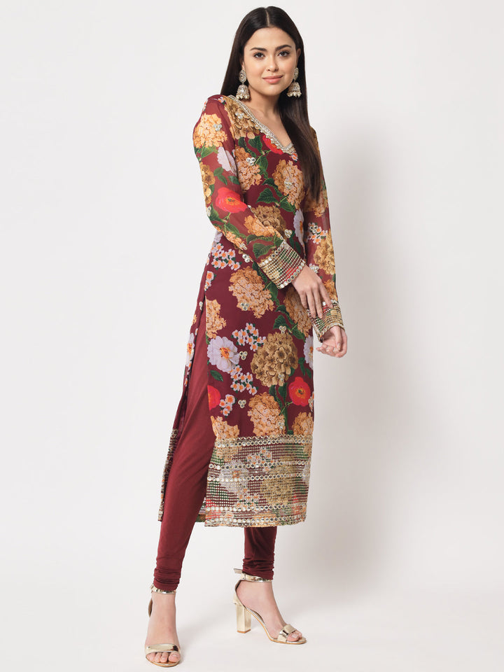 anokherang Combos Wine Floral Printed Embroidered Kurti with Churidar
