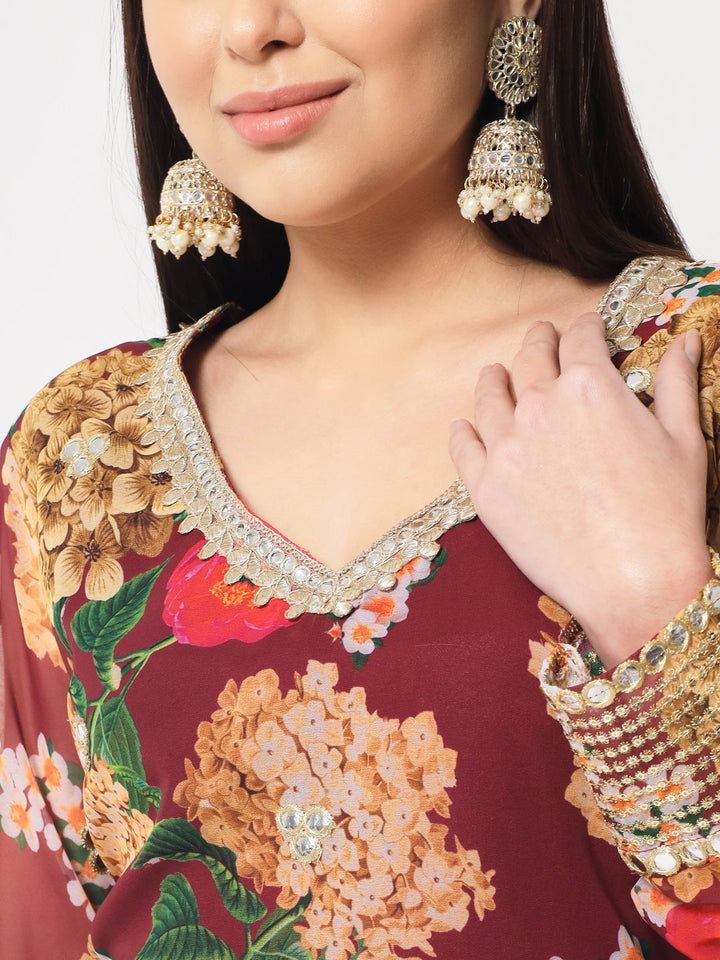 anokherang Combos Wine Floral Printed Embroidered Kurti with Churidar