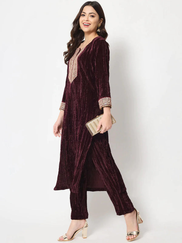 anokherang Combos Wine Love Velvet Straight Kurti