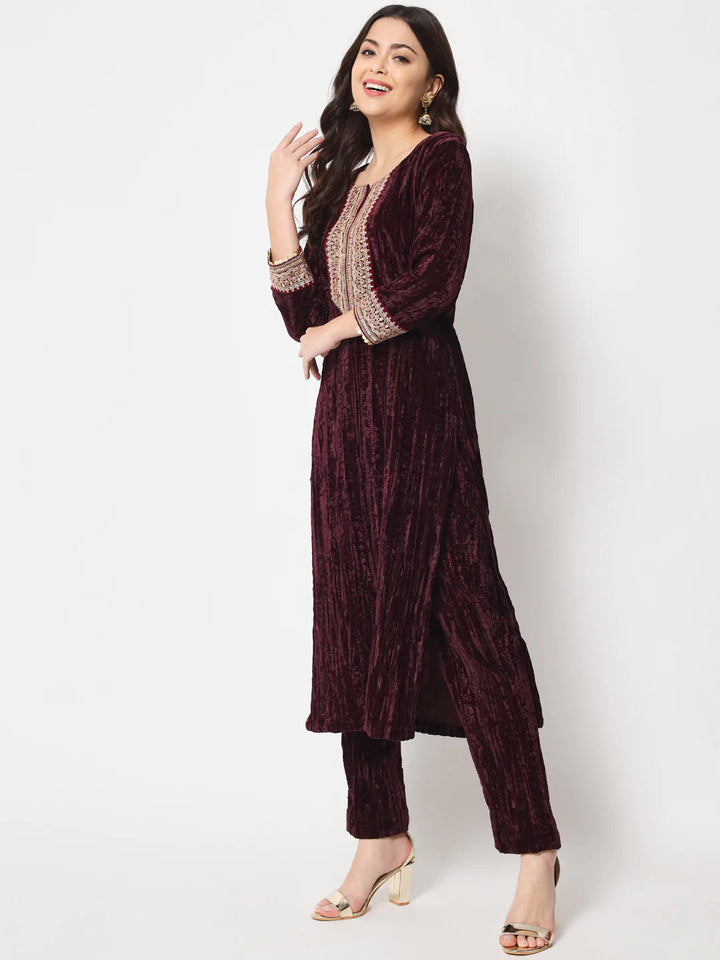 anokherang Combos Copy of Wine Love Velvet Straight Kurti with Pants