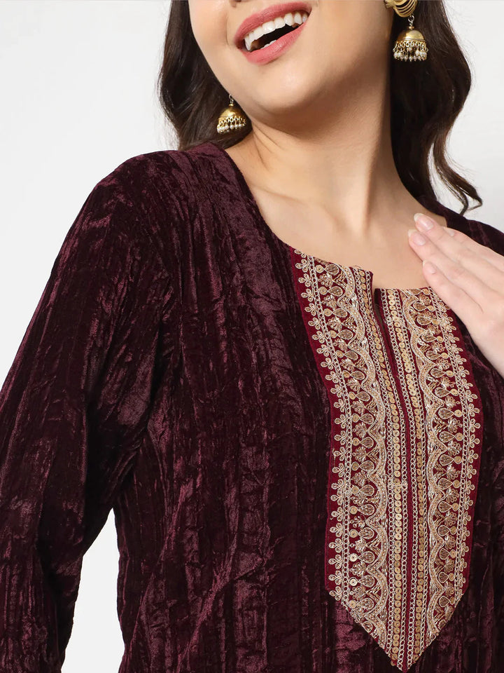 anokherang Combos Wine Love Velvet Straight Kurti