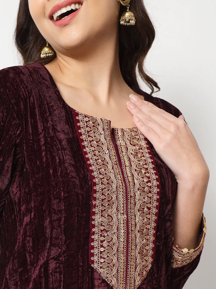anokherang Combos Wine Love Velvet Straight Kurti with Pants and Dupatta
