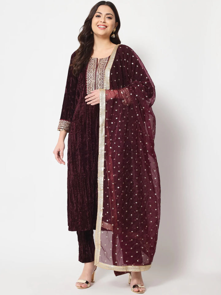 anokherang Combos Wine Love Velvet Straight Kurti with Pants and Dupatta