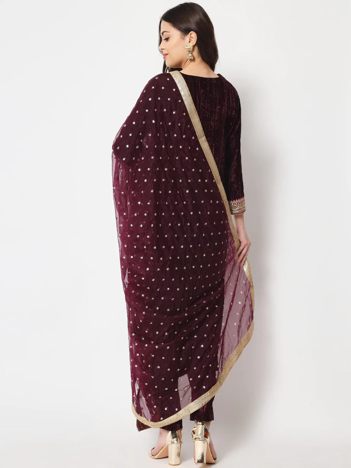anokherang Combos Wine Love Velvet Straight Kurti with Pants and Dupatta