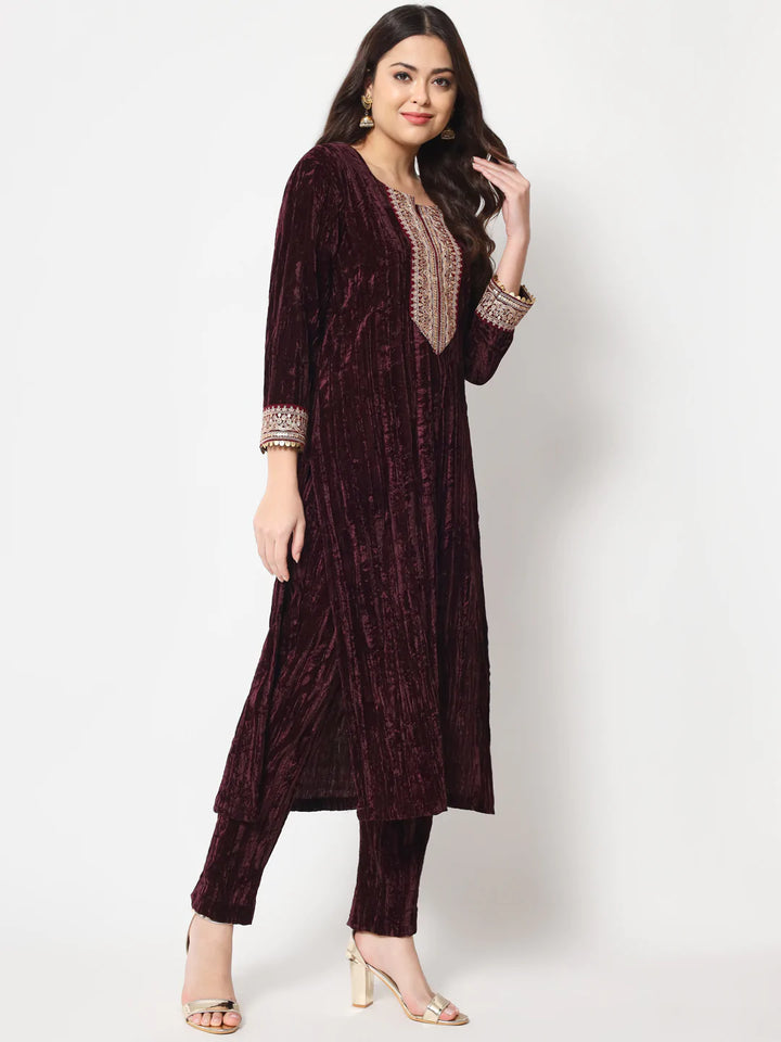 anokherang Combos Wine Love Velvet Straight Kurti with Pants and Dupatta