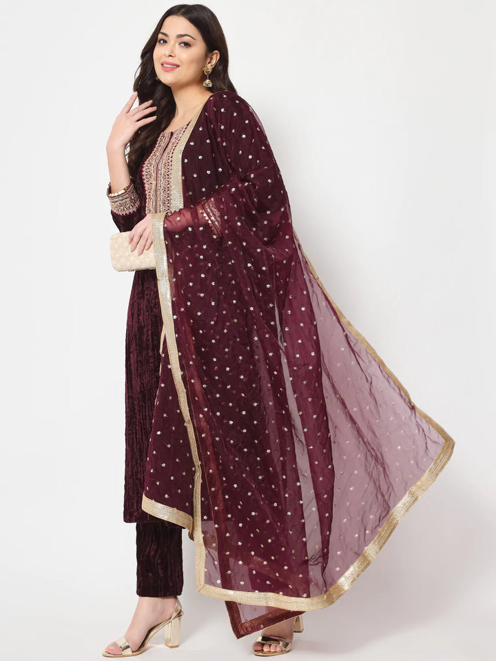 anokherang Combos Wine Love Velvet Straight Kurti with Pants and Dupatta