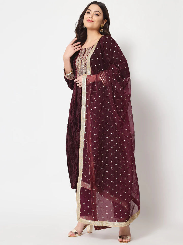 anokherang Combos Wine Love Velvet Straight Kurti with Pants and Dupatta
