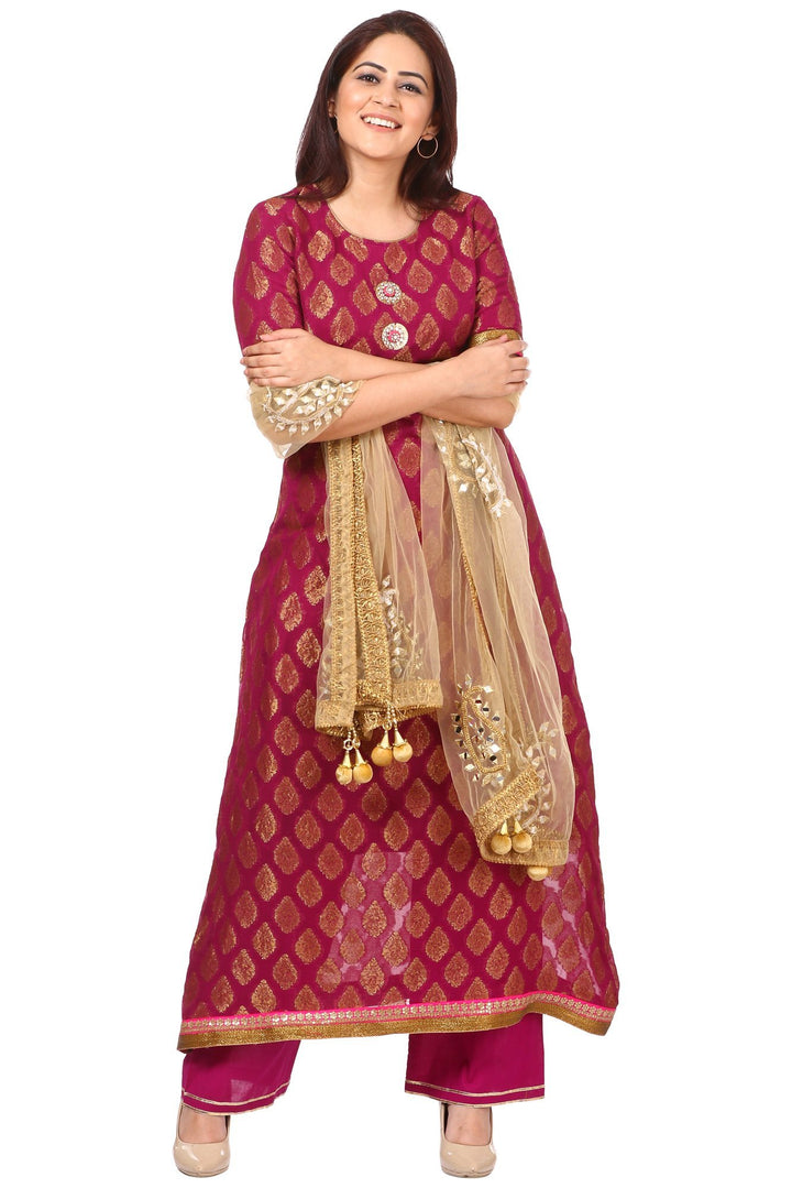 anokherang Combos Wine Paisley Kurta with Straight Palazzo and Golden Paisley Net Dupatta
