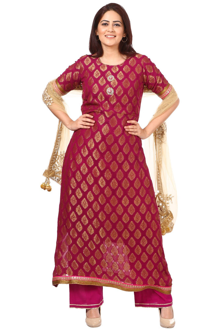 anokherang Combos Wine Paisley Kurta with Straight Palazzo and Golden Paisley Net Dupatta