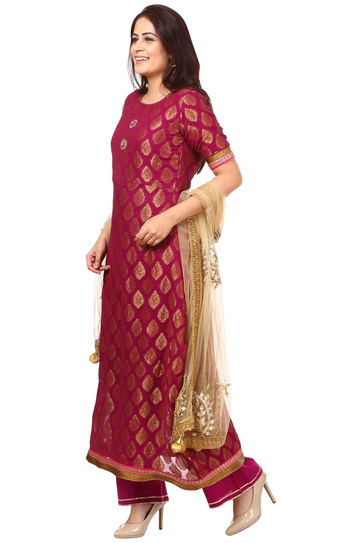 anokherang Combos Wine Paisley Kurta with Straight Palazzo and Golden Paisley Net Dupatta
