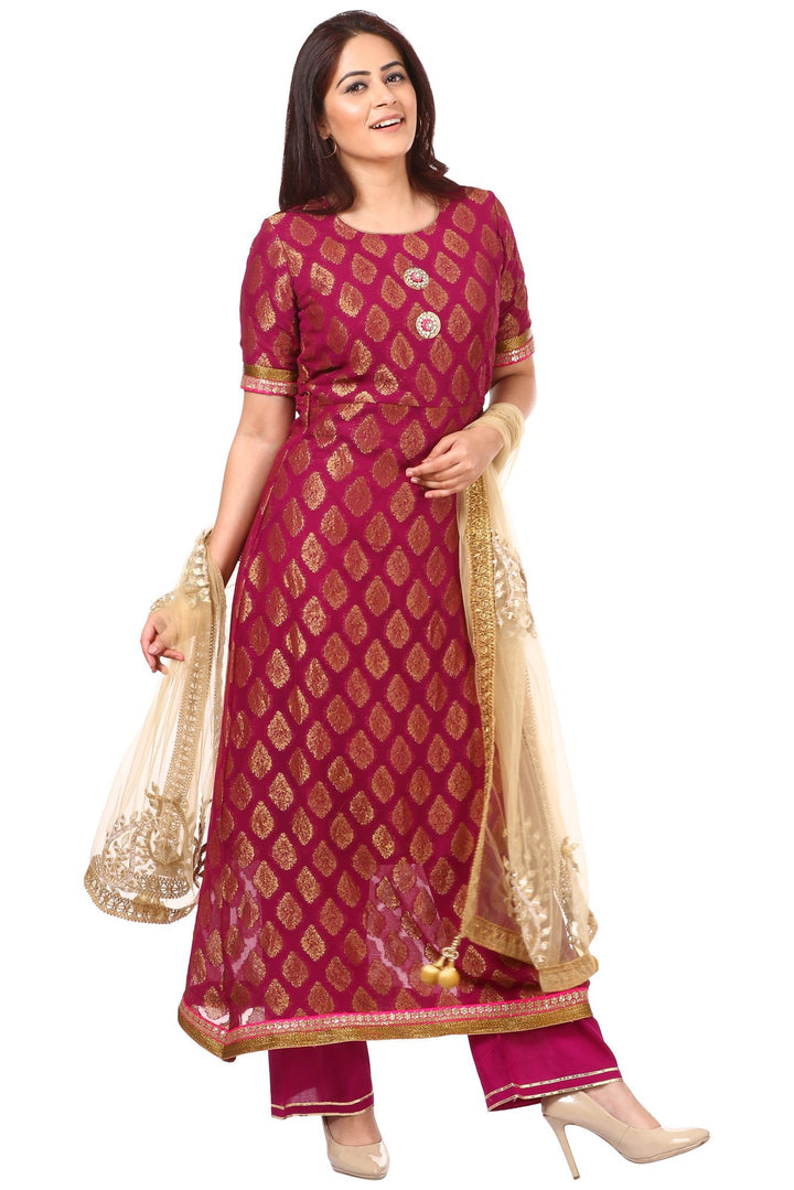 anokherang Combos Wine Paisley Kurta with Straight Palazzo and Golden Paisley Net Dupatta