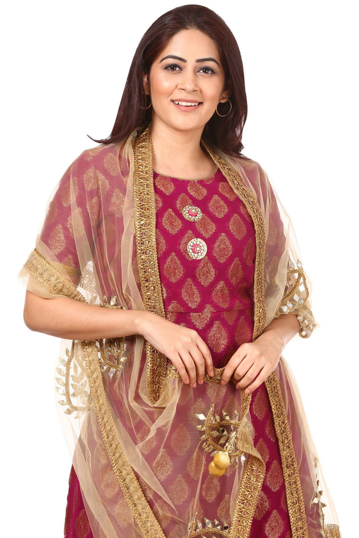 anokherang Combos Wine Paisley Kurta with Straight Palazzo and Golden Paisley Net Dupatta