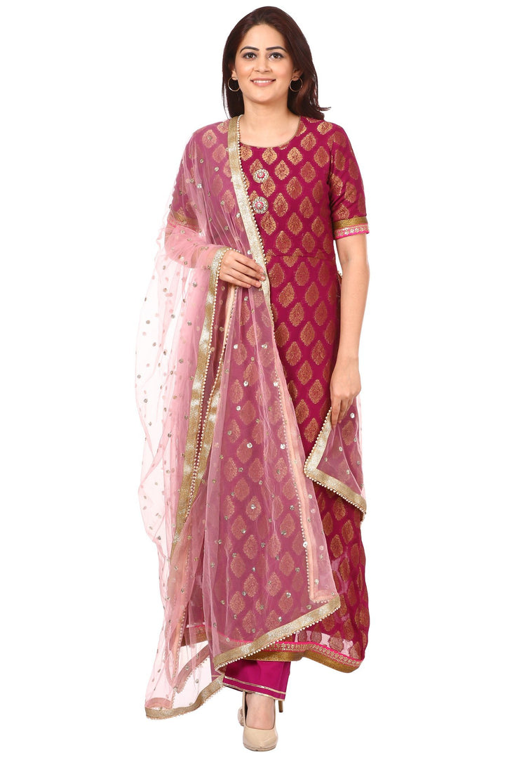 anokherang Combos Wine paisley Kurta with Straight Palazzo and  Net Sequenced Dupatta