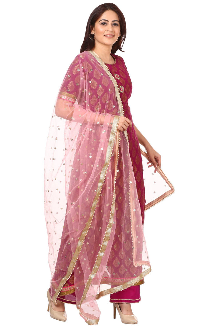 anokherang Combos Wine paisley Kurta with Straight Palazzo and  Net Sequenced Dupatta