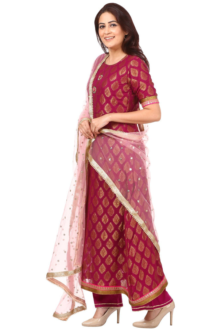 anokherang Combos Wine paisley Kurta with Straight Palazzo and  Net Sequenced Dupatta