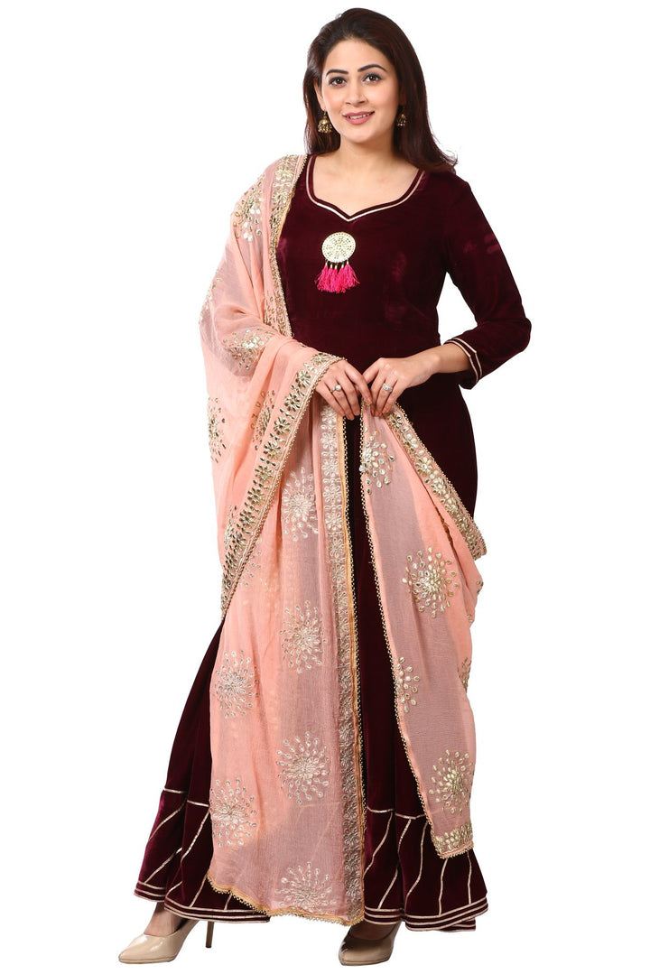 anokherang Combos Wine Purple Velvet Floor-Length Gown with Peach Gotta Patti Dupatta