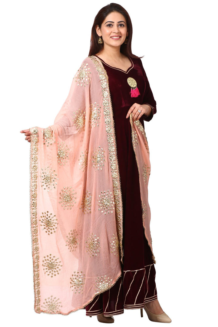anokherang Combos Wine Purple Velvet Floor-Length Gown with Peach Gotta Patti Dupatta