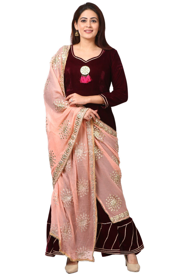 anokherang Combos Wine Purple Velvet Floor-Length Gown with Peach Gotta Patti Dupatta