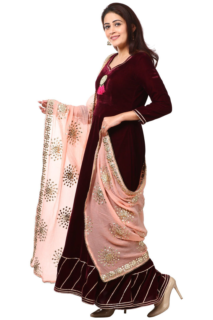 anokherang Combos Wine Purple Velvet Floor-Length Gown with Peach Gotta Patti Dupatta