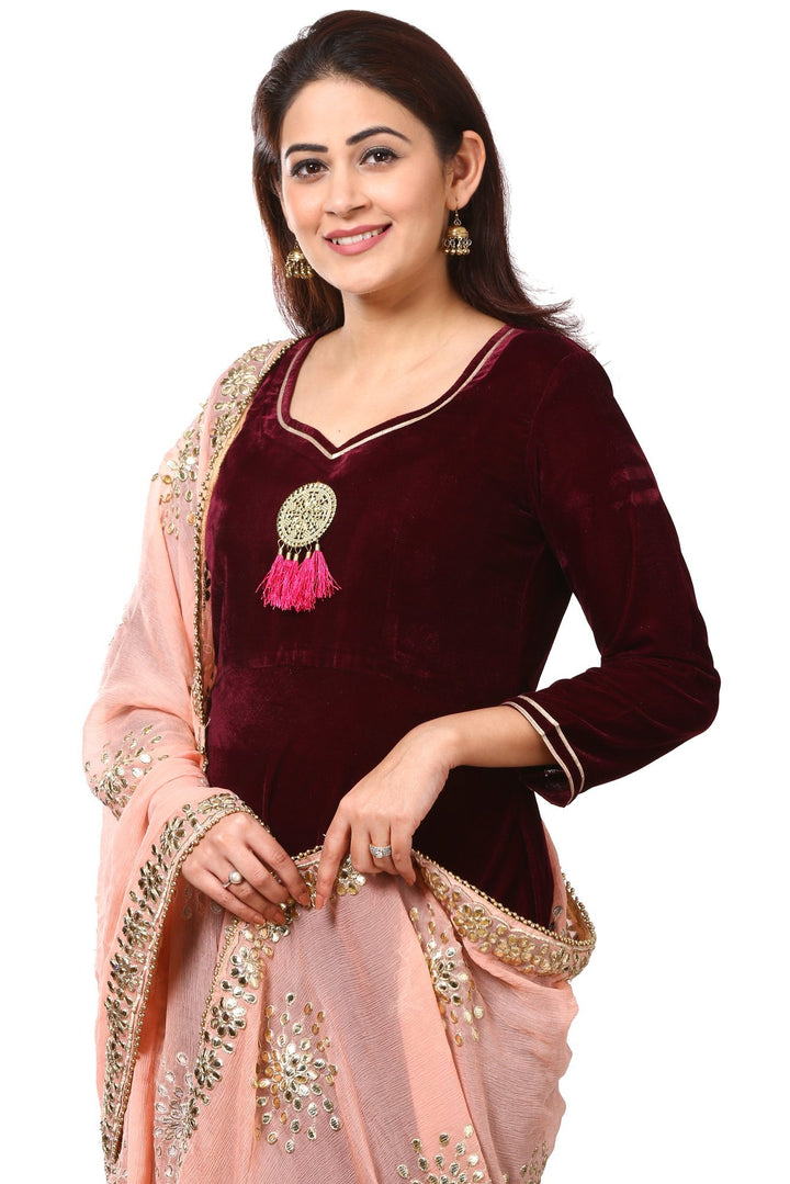 anokherang Combos Wine Purple Velvet Floor-Length Gown with Peach Gotta Patti Dupatta