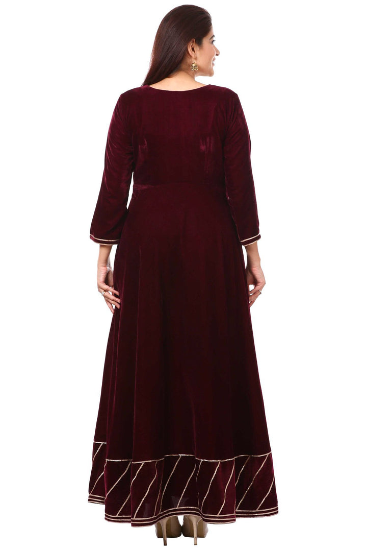 anokherang Combos Wine Purple Velvet Floor Length Kurti with Shaded Peach Banarasi Stole