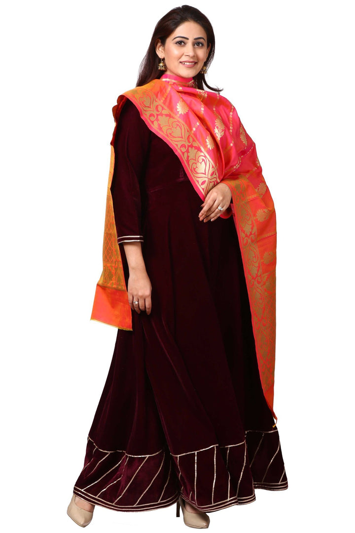 anokherang Combos Wine Purple Velvet Floor- Length with Beautiful Pink Shaded Banarasi Stole