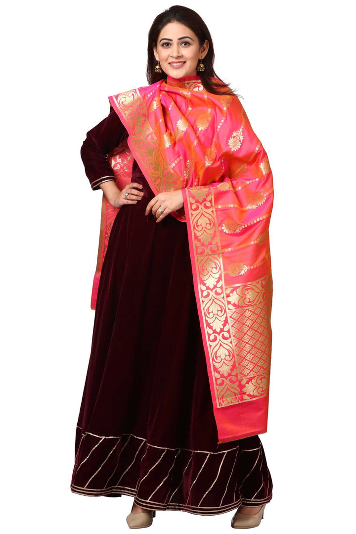 anokherang Combos Wine Purple Velvet Floor- Length with Beautiful Pink Shaded Banarasi Stole