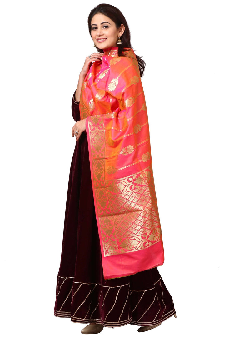 anokherang Combos Wine Purple Velvet Floor- Length with Beautiful Pink Shaded Banarasi Stole