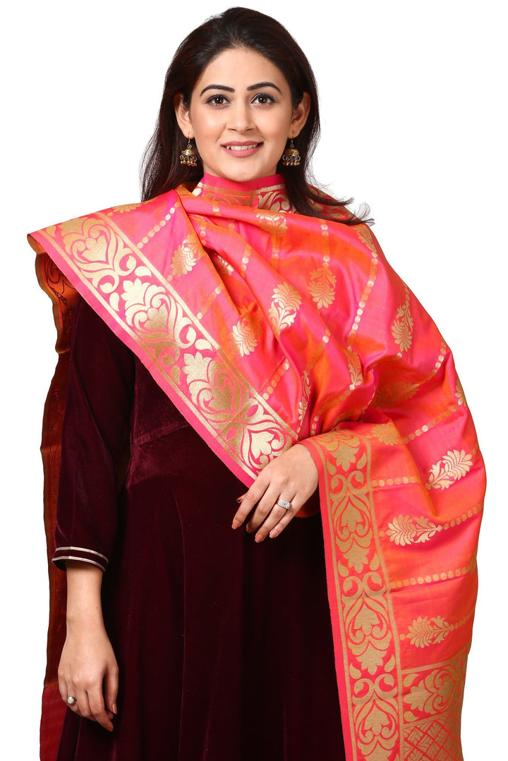 anokherang Combos Wine Purple Velvet Floor- Length with Beautiful Pink Shaded Banarasi Stole