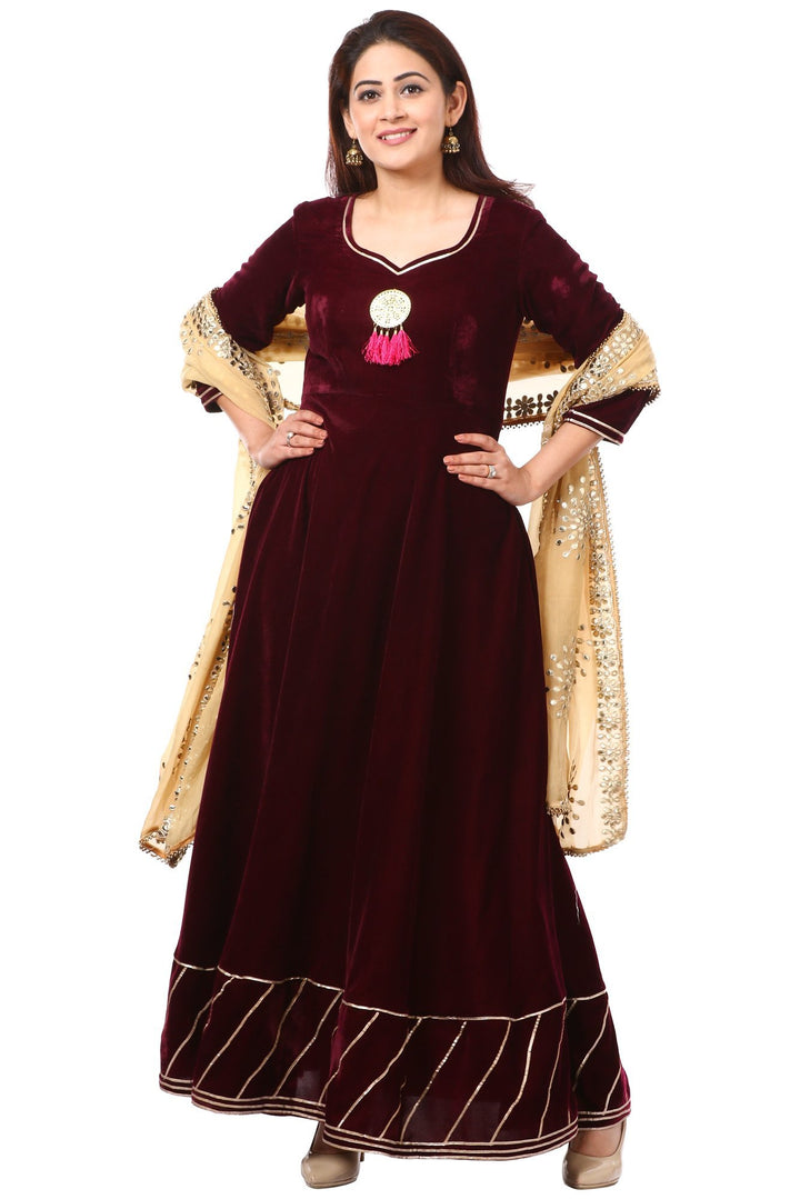 anokherang Combos Wine Purple Velvet Floor-Length with Gold Gotta Patti Dupatta