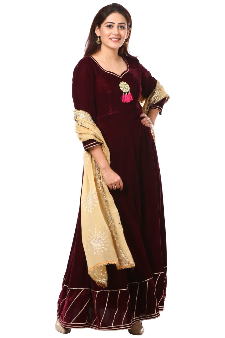 anokherang Combos Wine Purple Velvet Floor-Length with Gold Gotta Patti Dupatta