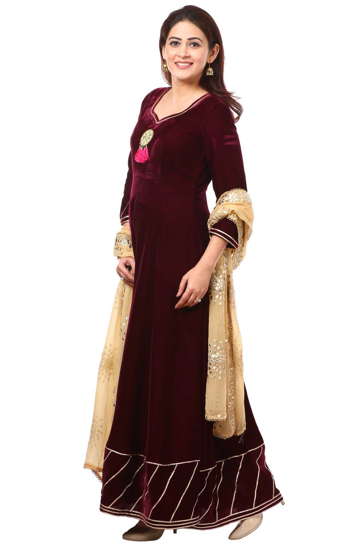 anokherang Combos Wine Purple Velvet Floor-Length with Gold Gotta Patti Dupatta