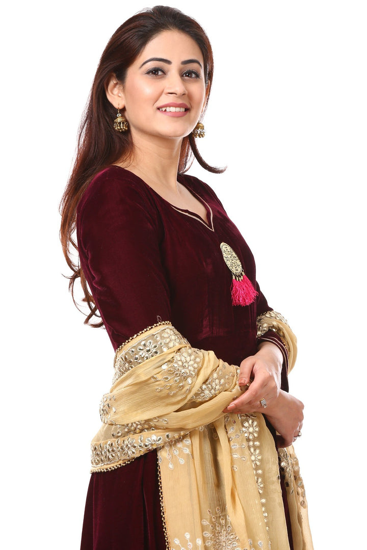 anokherang Combos Wine Purple Velvet Floor-Length with Gold Gotta Patti Dupatta