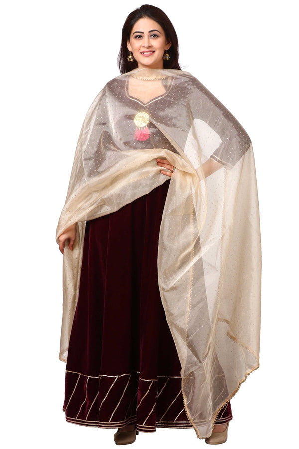 anokherang Combos Wine Purple Velvet Floor-Length with Golden Polka Dot Foil Beaded Organza Dupatta