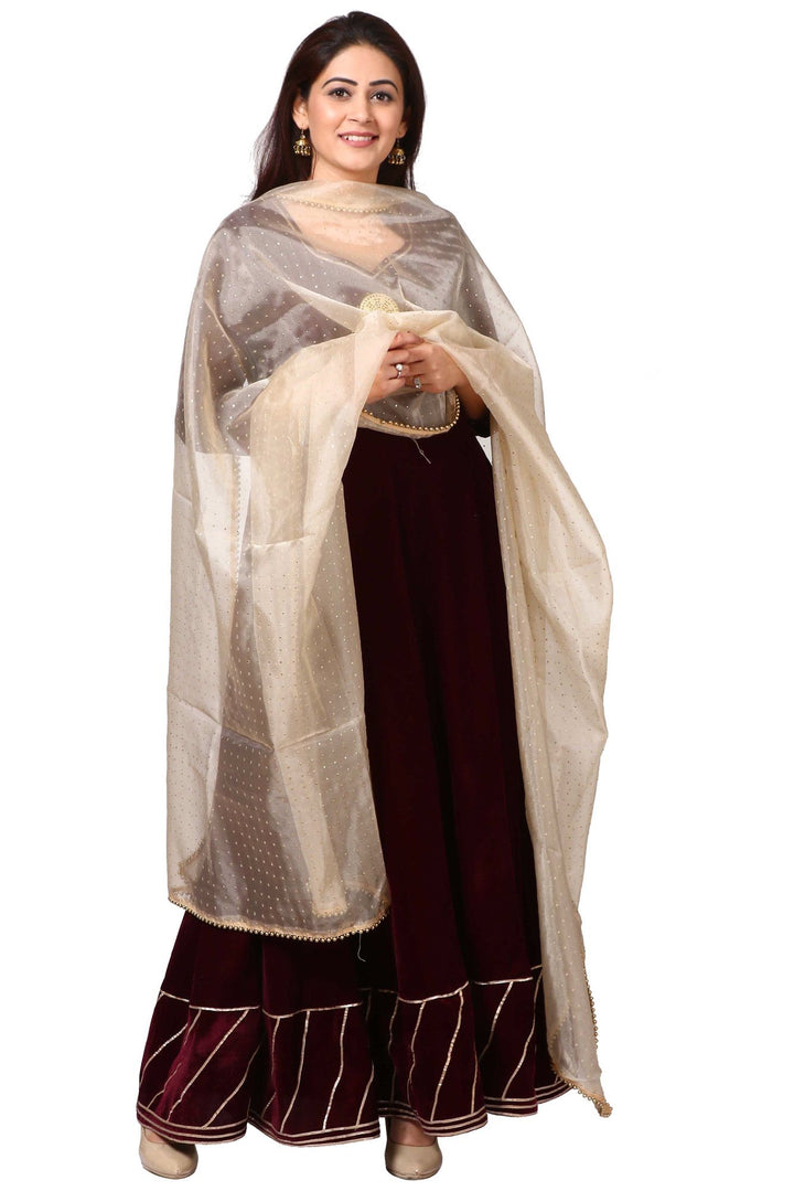 anokherang Combos Wine Purple Velvet Floor-Length with Golden Polka Dot Foil Beaded Organza Dupatta
