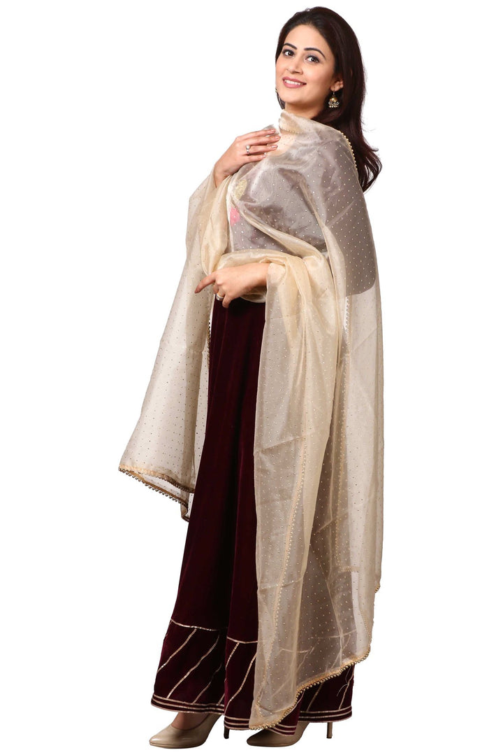 anokherang Combos Wine Purple Velvet Floor-Length with Golden Polka Dot Foil Beaded Organza Dupatta