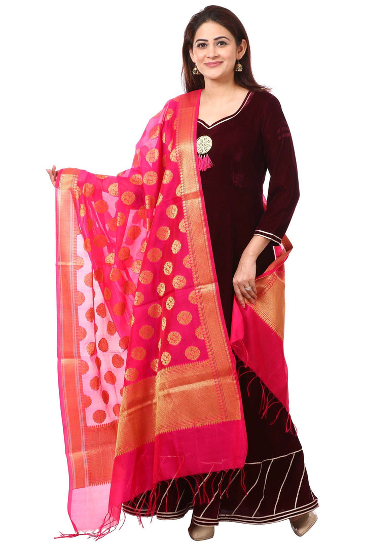 anokherang Combos Wine Purple Velvet Floor-Length with Pink Banarsi Dupatta