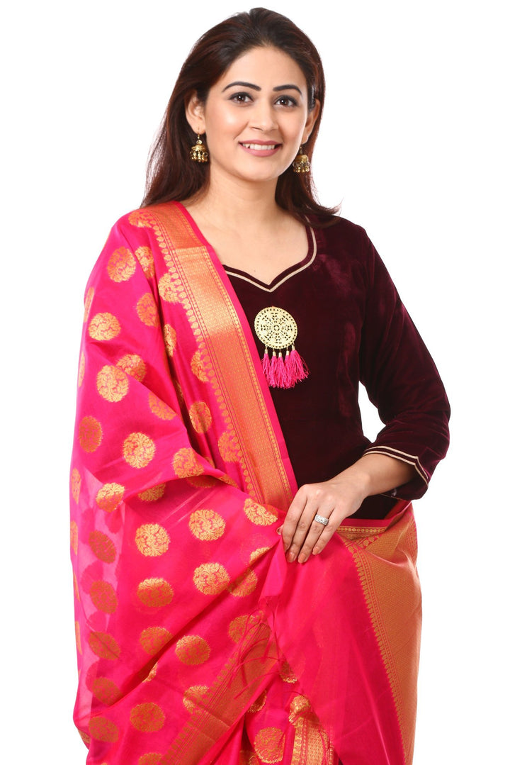anokherang Combos Wine Purple Velvet Floor-Length with Pink Banarsi Dupatta