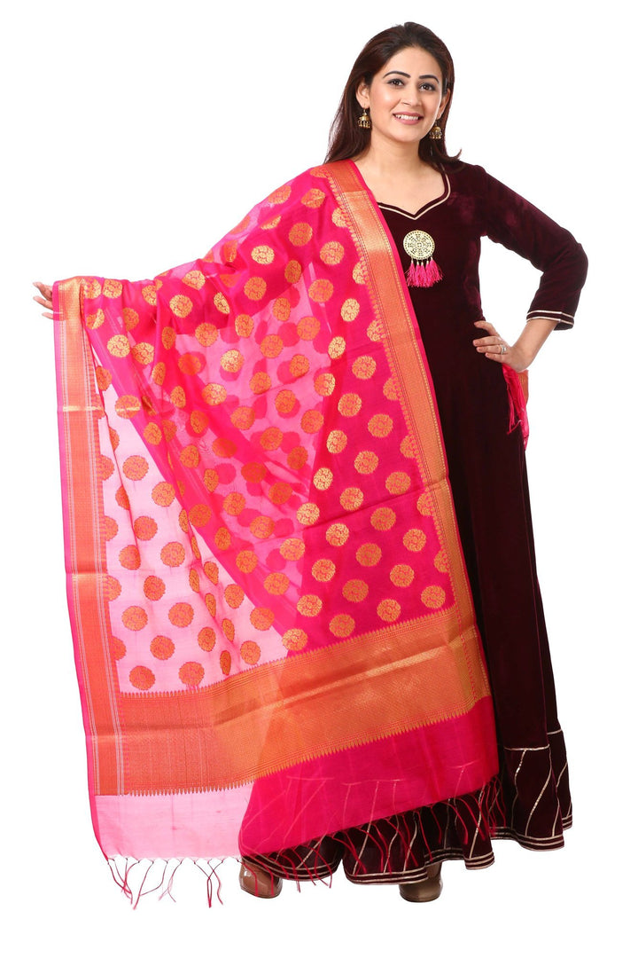 anokherang Combos Wine Purple Velvet Floor-Length with Pink Banarsi Dupatta