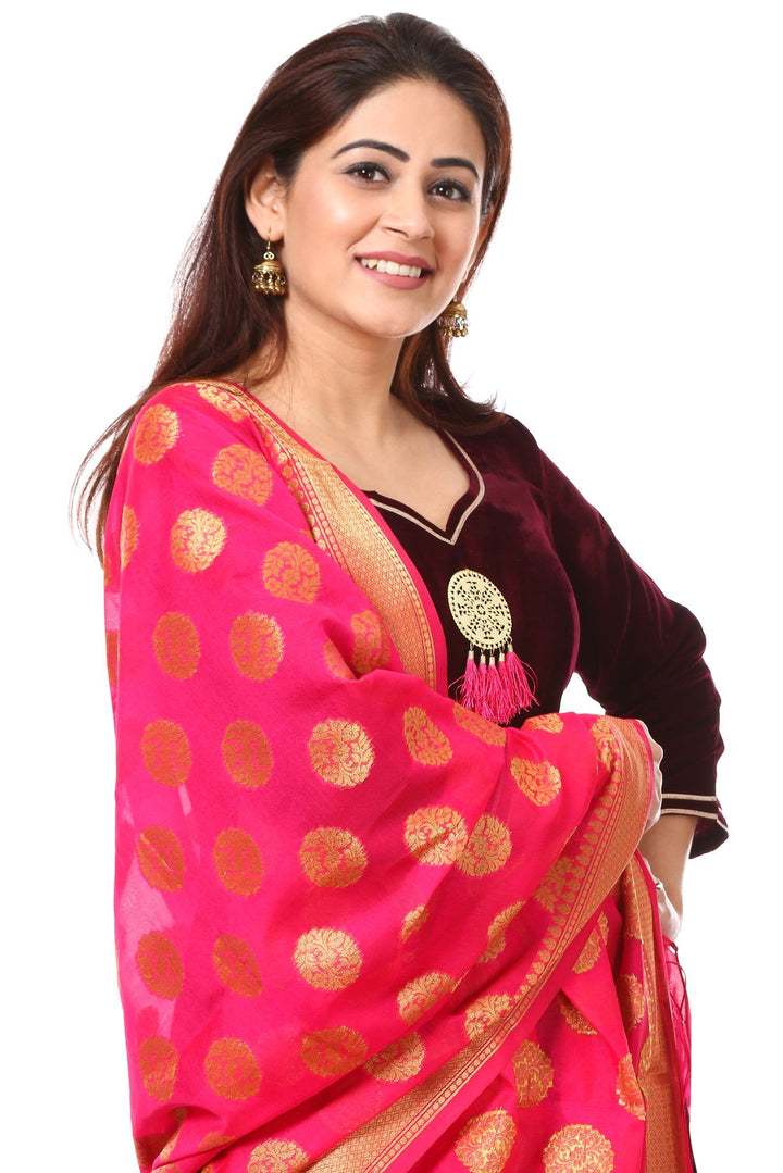 anokherang Combos Wine Purple Velvet Floor-Length with Pink Banarsi Dupatta