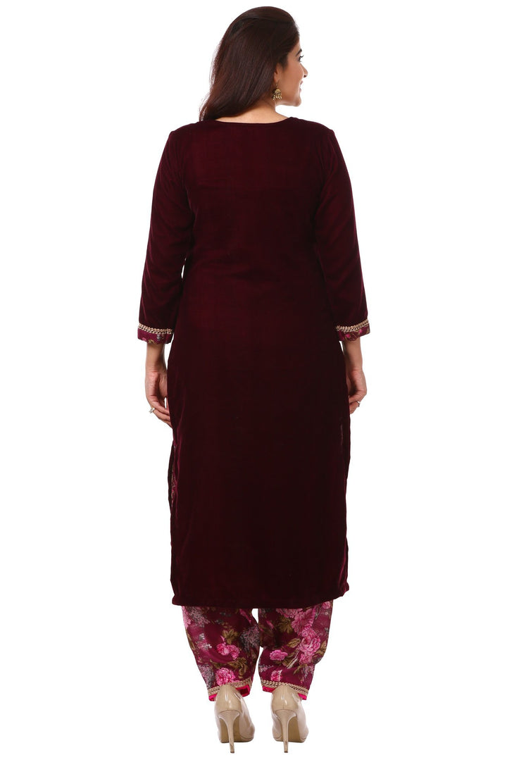 anokherang Combos Wine Purple Velvet Kurta with Floral Printed Salwar