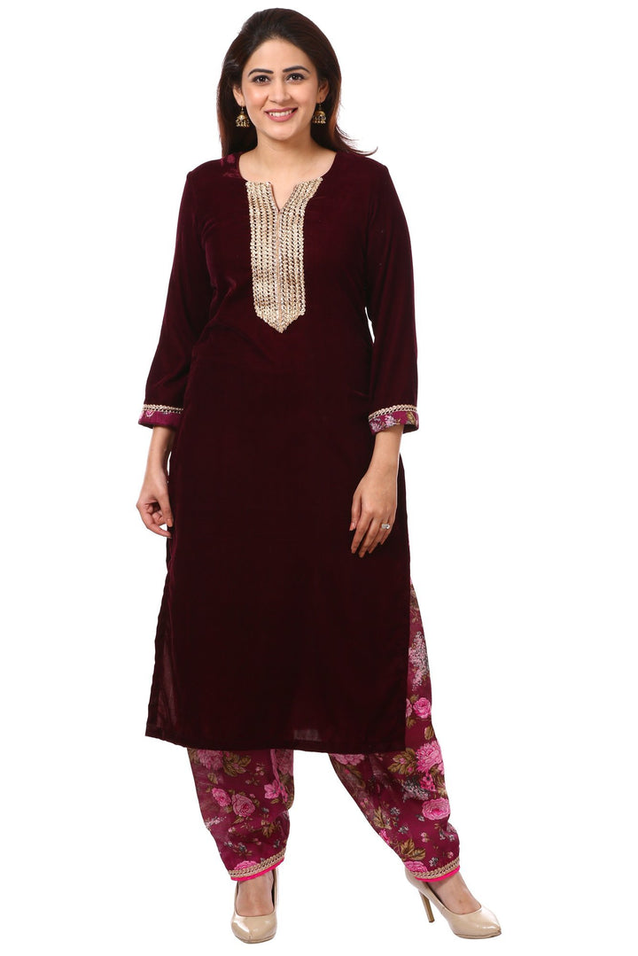 anokherang Combos Wine Purple Velvet Kurta with Floral Printed Salwar