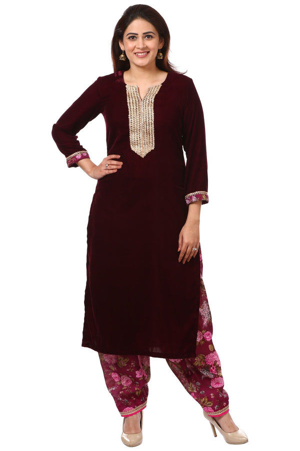 Wine Purple Velvet Kurti with Floral Printed Salwar