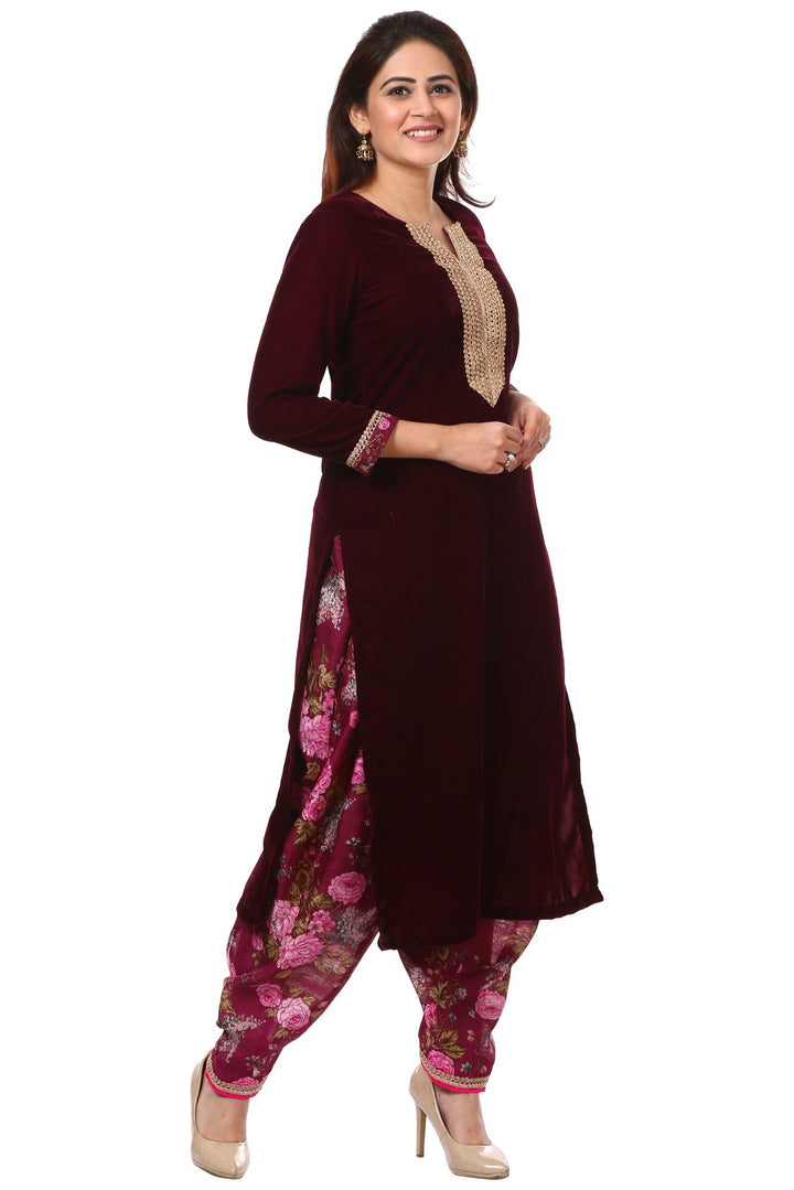 anokherang Combos Wine Purple Velvet Kurta with Floral Printed Salwar