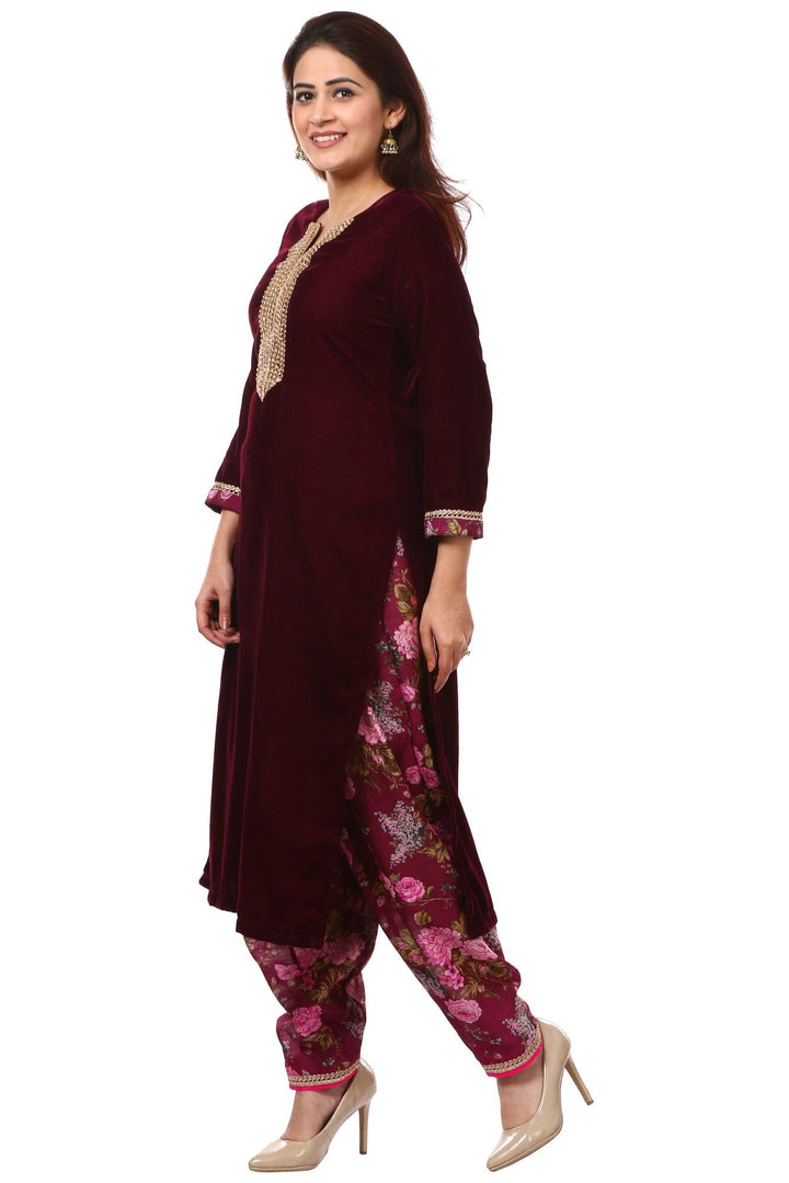 anokherang Combos Wine Purple Velvet Kurta with Floral Printed Salwar