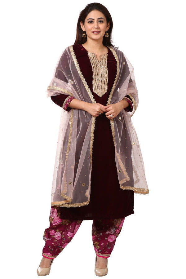 anokherang Combos Wine Purple Velvet Kurta with Floral Printed Salwar and Gold Mirror Dupatta