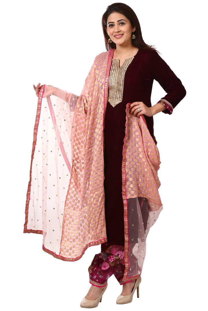 anokherang Combos Wine Purple Velvet Kurta with Floral Printed Salwar and Net & Banarsi Georgette Dupatta